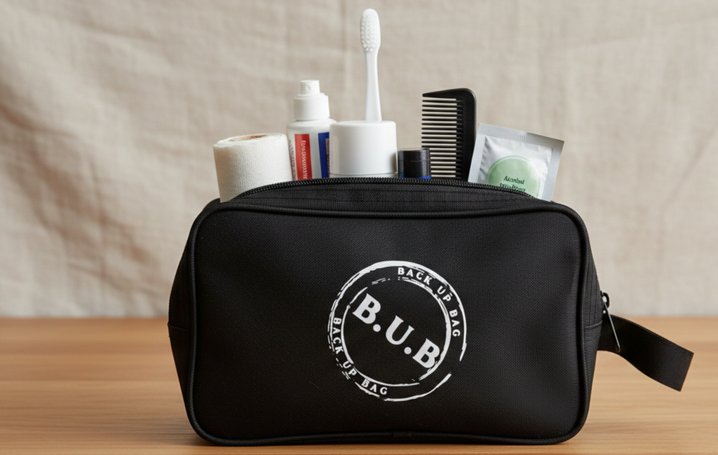 Black toiletry bag  full of everyday essentials with 'B.U.B.' branding on a wooden surface.