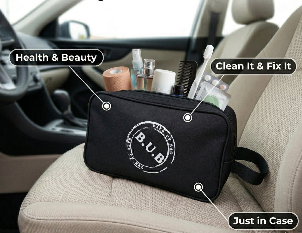 Black toiletry bag full of everyday essentials for unexpected moments.