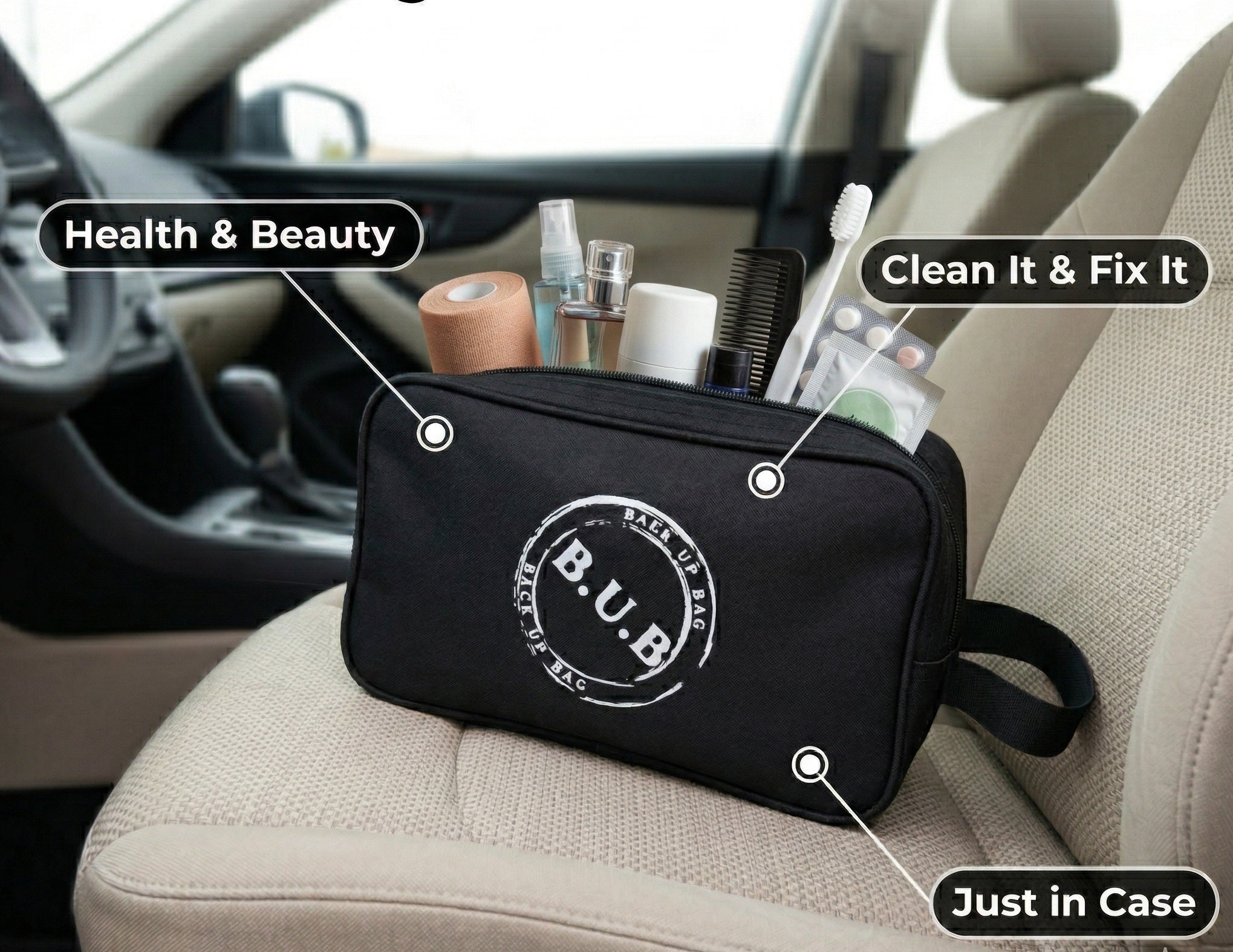 Black toiletry bag full of everyday essentials for unexpected moments.