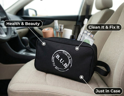 Black toiletry bag full of everyday essentials for unexpected moments.