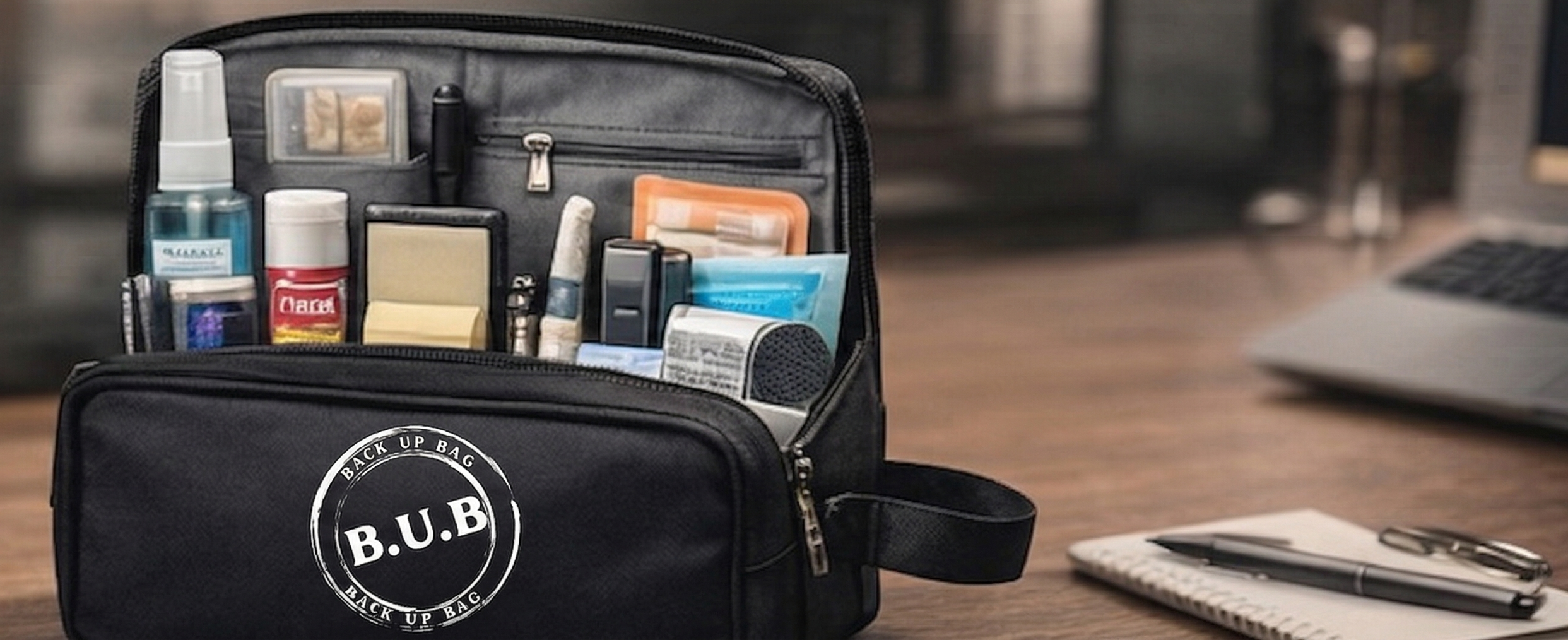 Black toiletry bag full of various travel-sized products and everyday essentials on a desk in an office setting.