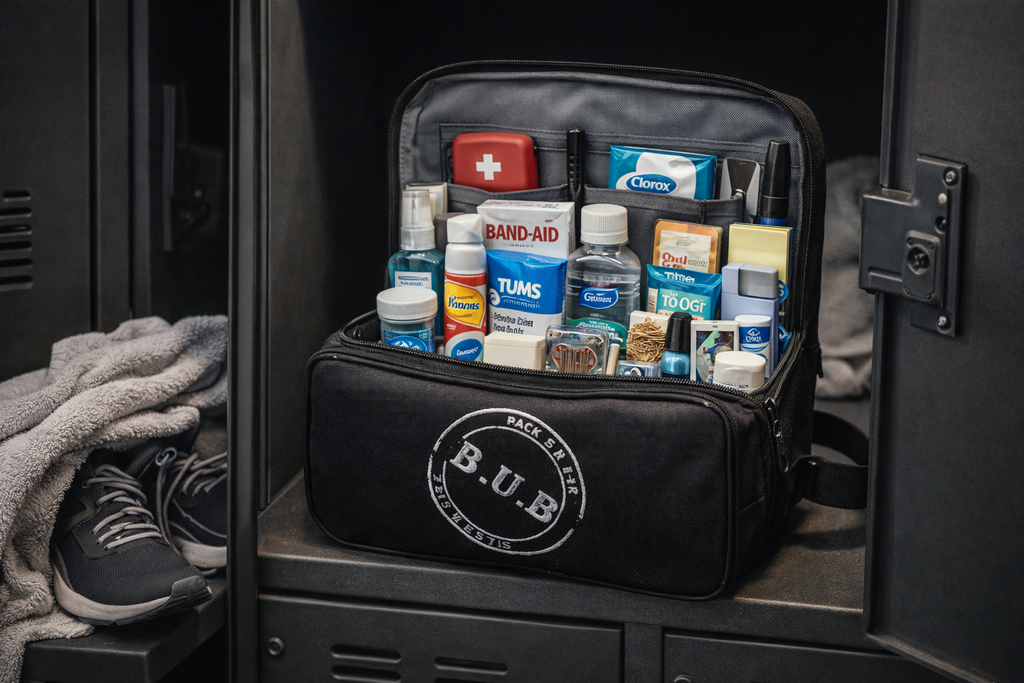 Black B.U.B. bag filled with first aid and other everyday essentials and supplies in a school locker or at the gym.