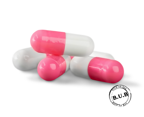 Pink and white capsules on a white background with 'B.U.B.' branding.
