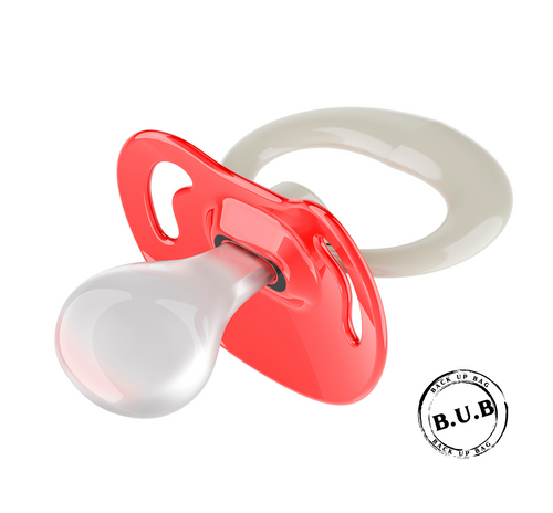 Red and white pacifier with a B.U.B. logo on a white background